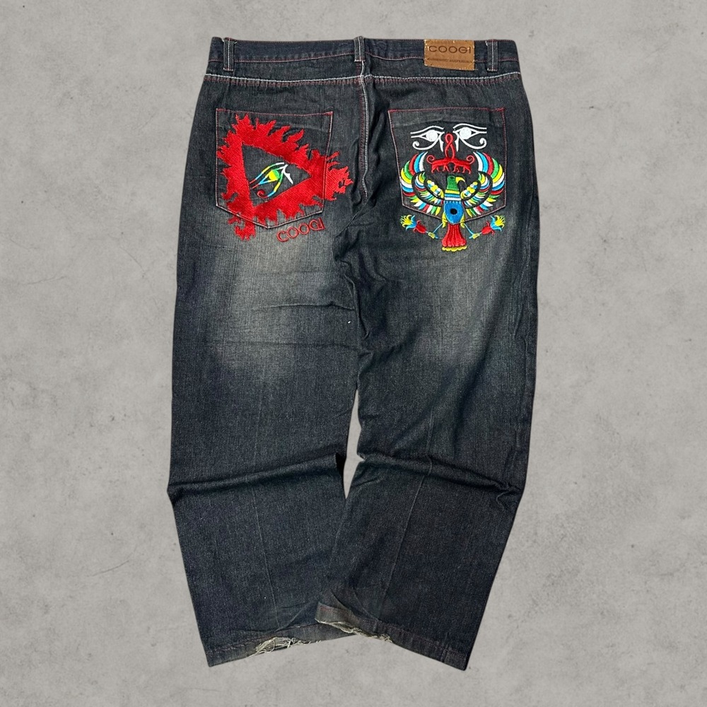 Coogi Jeans Men 38x34 Black Baggy Embroidered Dark Wash Egyptian Horus Eye of Ra